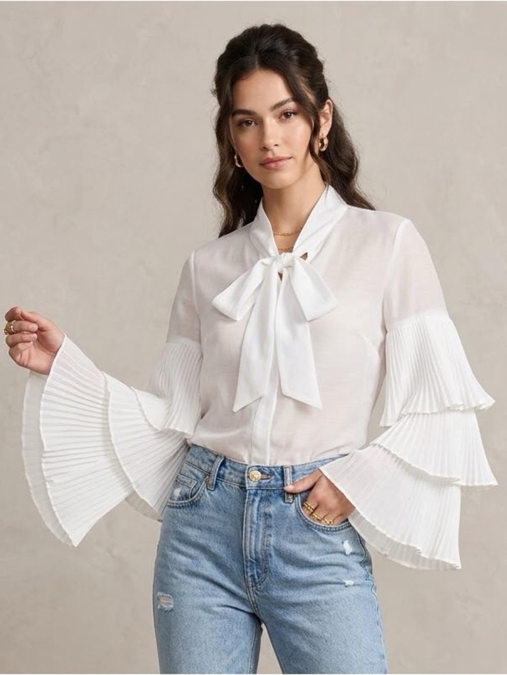 White Bow-Tie Pleated Bell Sleeve Blouse